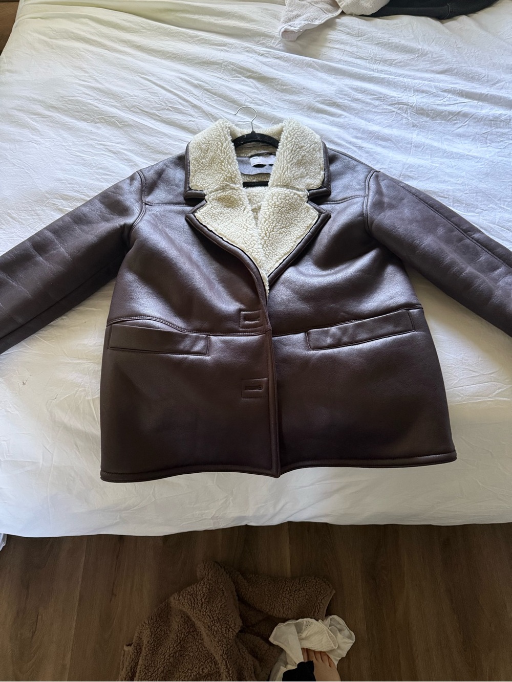 ASOS Dark Brown Faux Leather Jacket with Cream Shearling Collar - Picture 2 of 3